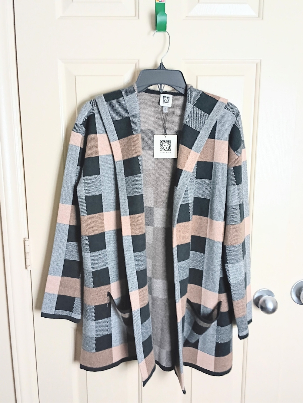 Anne Klein Women Open Front Plaid Oversize Sweater Cardigan Size Medium NWT